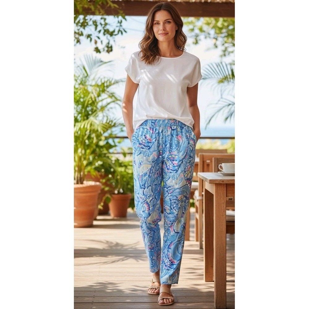 Lilly Pulitzer Aden Linen Pants Blue Peri Pinch Pinch Print Drawstring SZ S #487